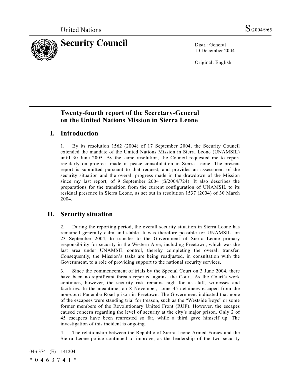 Security Council Distr.: General 10 December 2004
