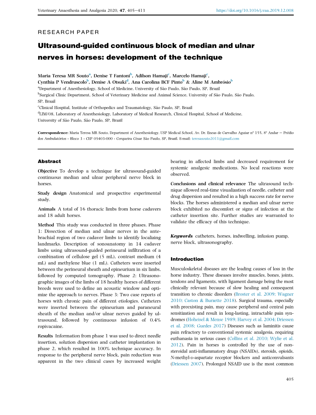 Ultrasound-Guided Continuous Block of Median and Ulnar Nerves in Horses: Development of the Technique