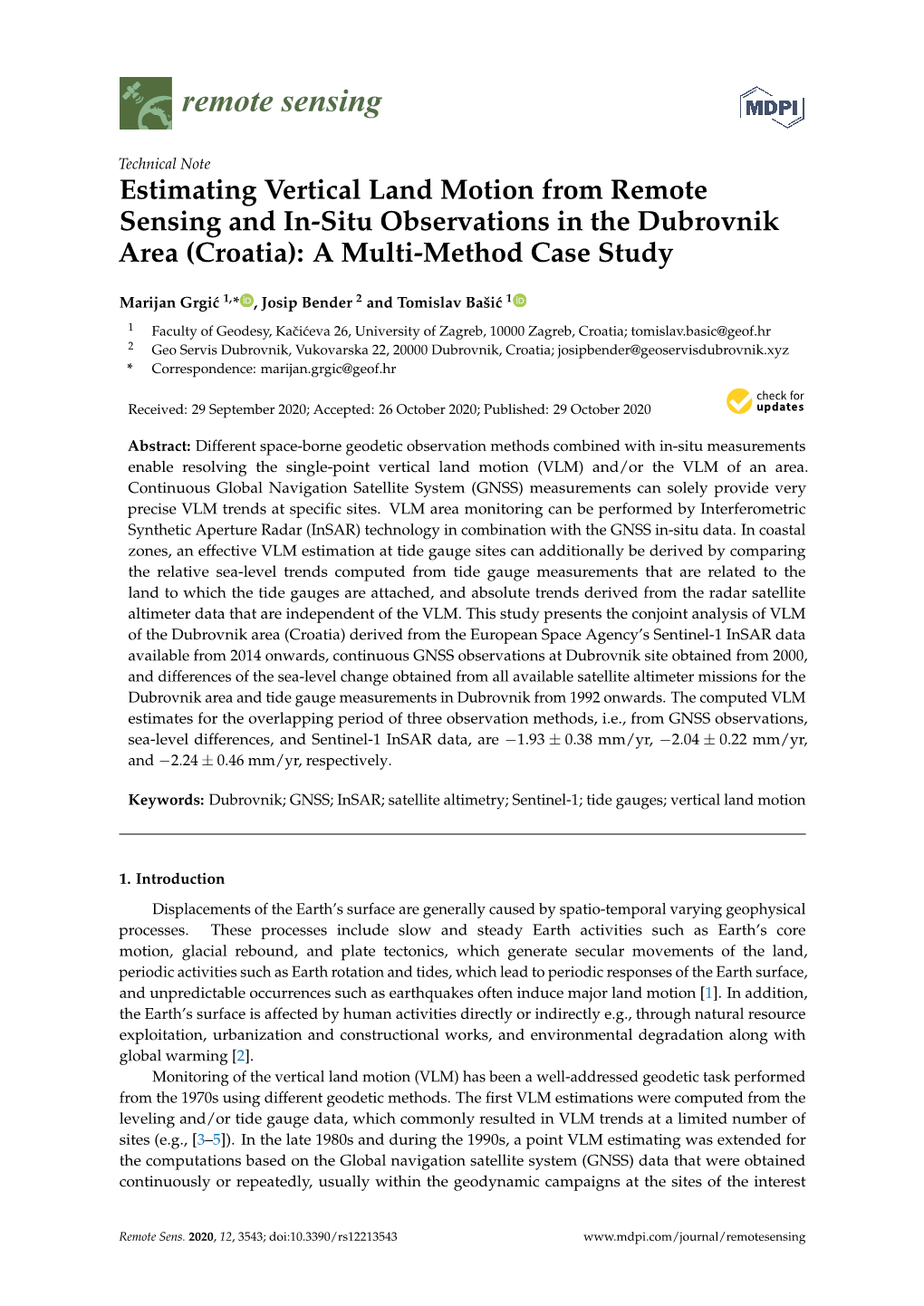 Estimating Vertical Land Motion from Remote Sensing and In-Situ Observations in the Dubrovnik Area (Croatia): a Multi-Method Case Study