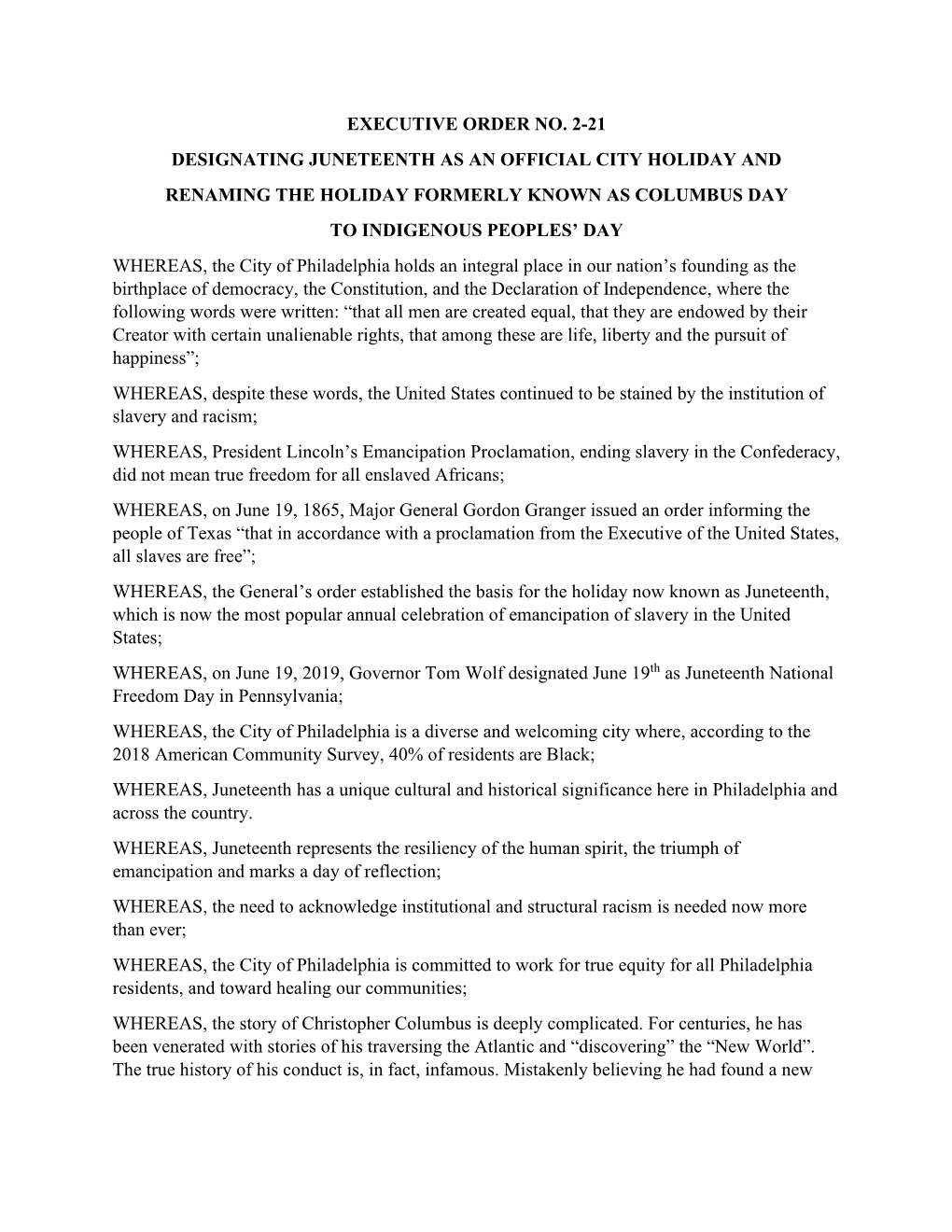 Executive Order No. 2-21 Designating Juneteenth As an Official City Holiday