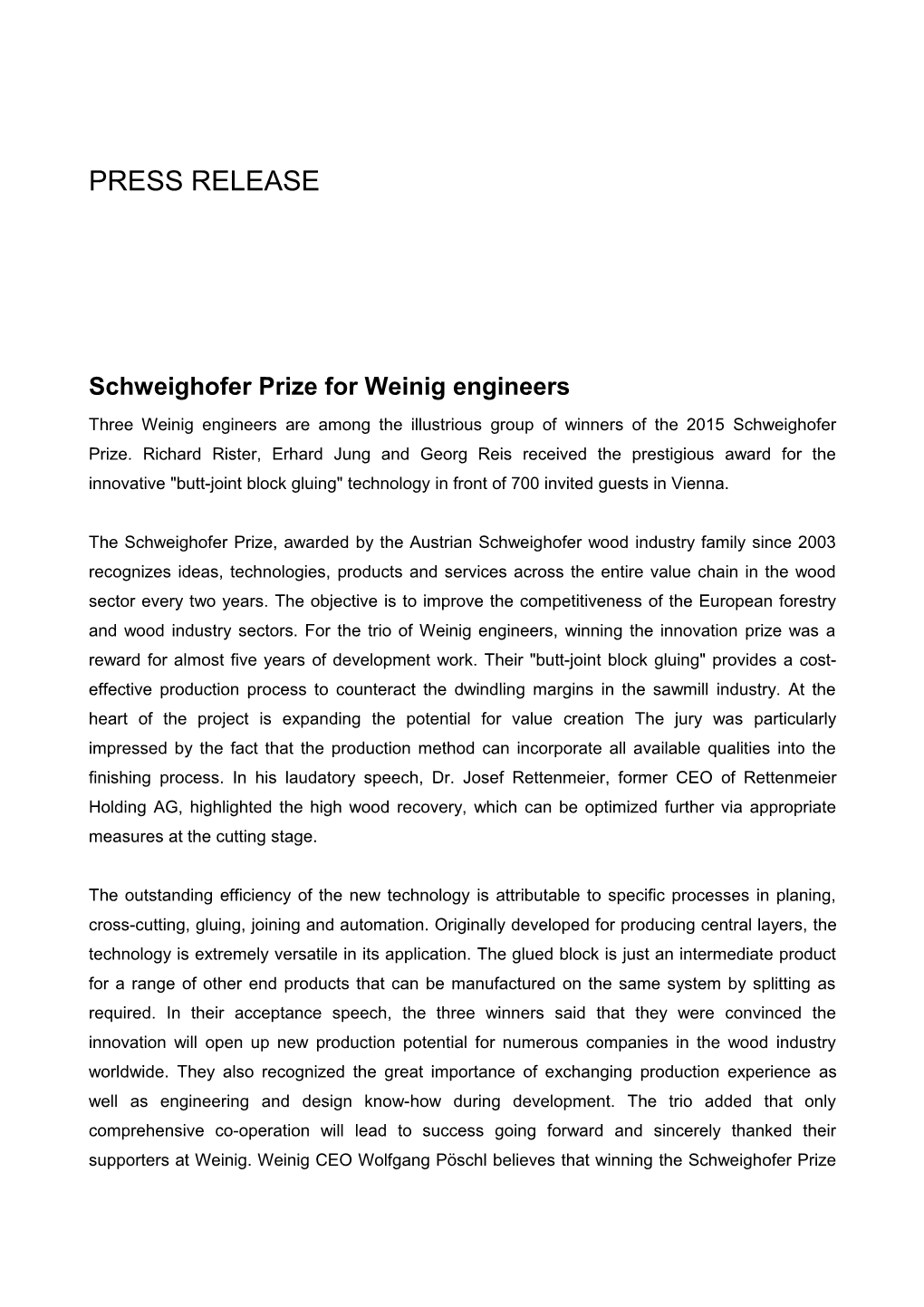 Schweighofer Prize for Weinig Engineers