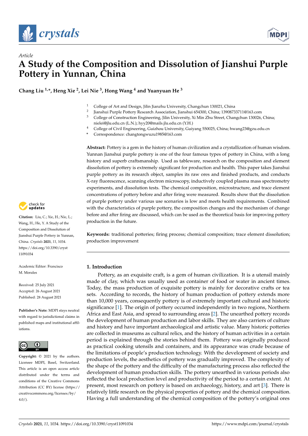 A Study of the Composition and Dissolution of Jianshui Purple Pottery in Yunnan, China