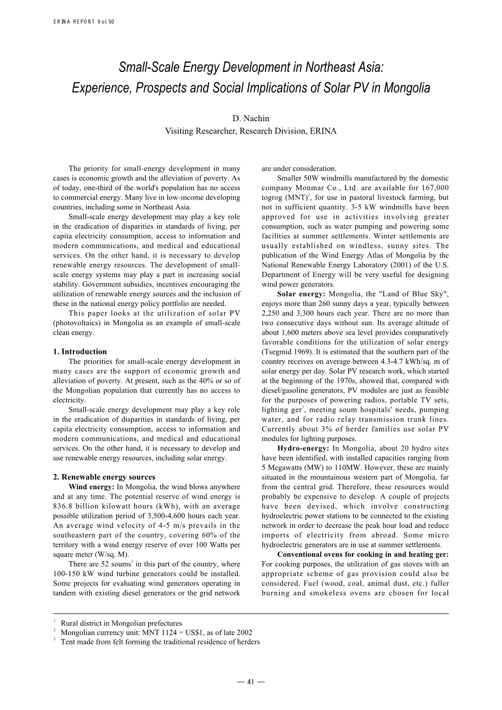 Experience, Prospects and Social Implications of Solar PV in Mongolia