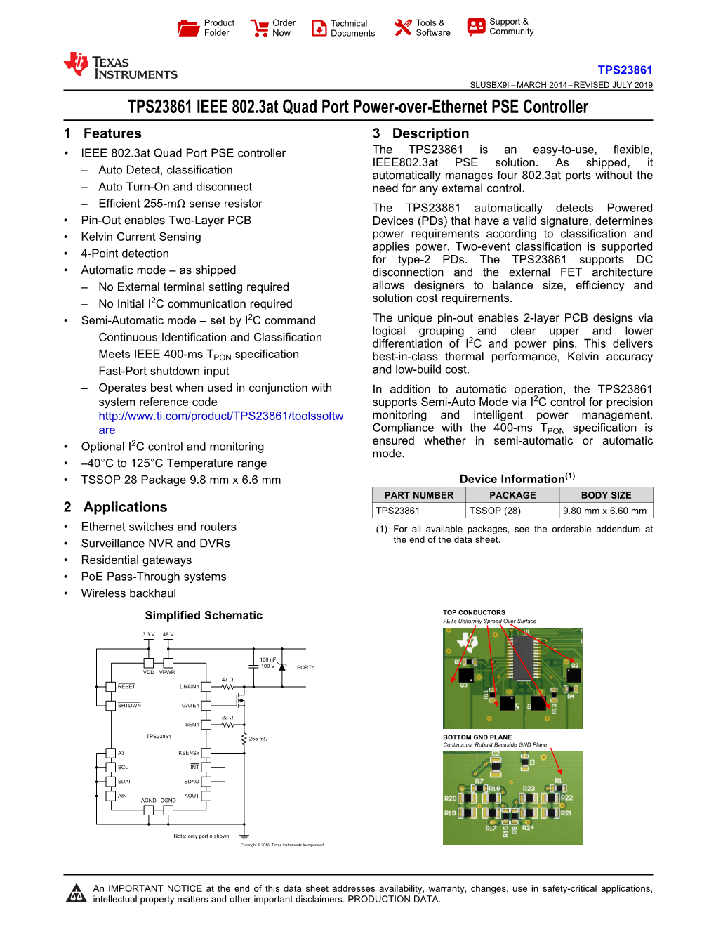 TPS23861 IEEE 802.3At Quad Port Power-Over-Ethernet PSE