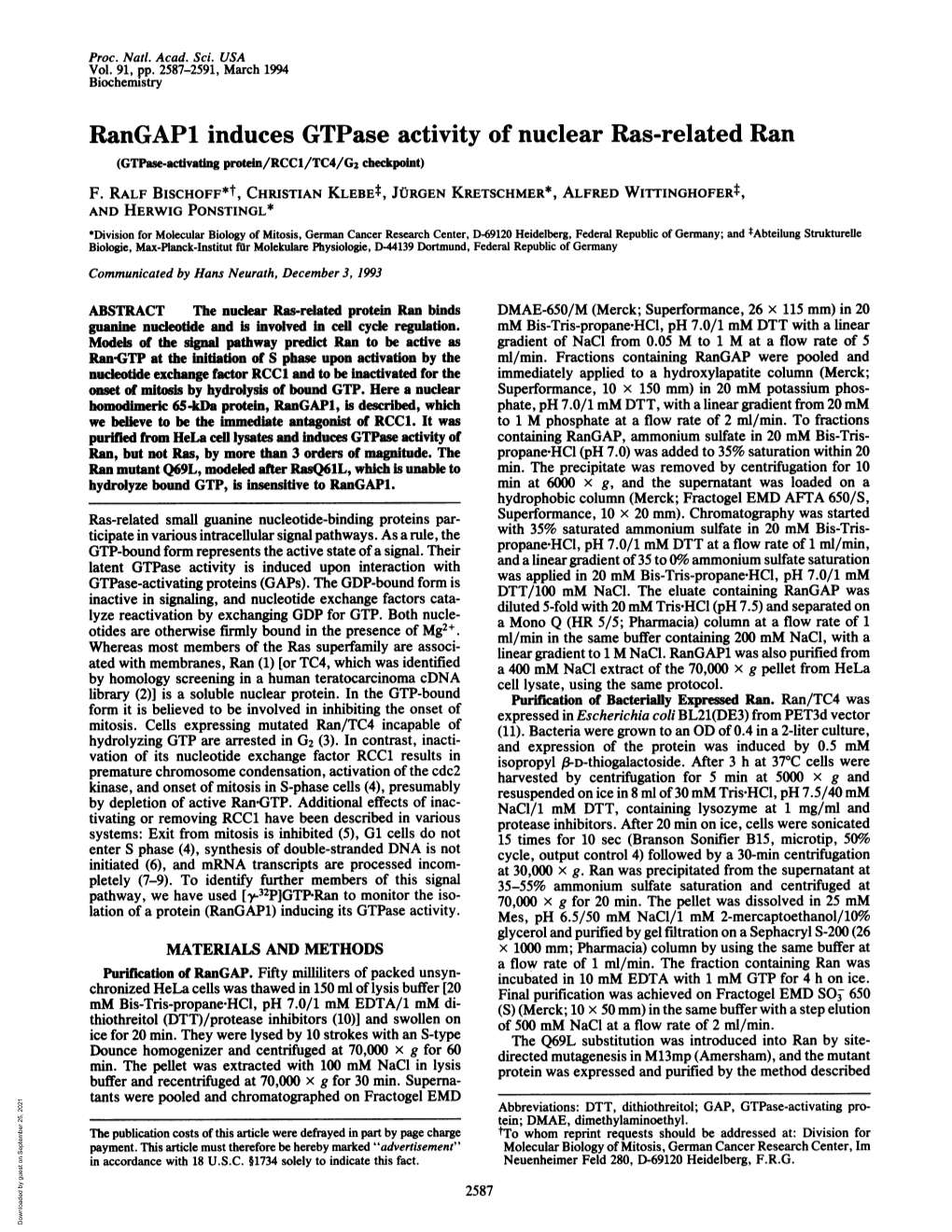 Rangap1 Induces Gtpase Activity of Nuclear Ras-Related Ran (Gtpase-Activating Protein/Rccl/TC4/G2 Checkpoint) F