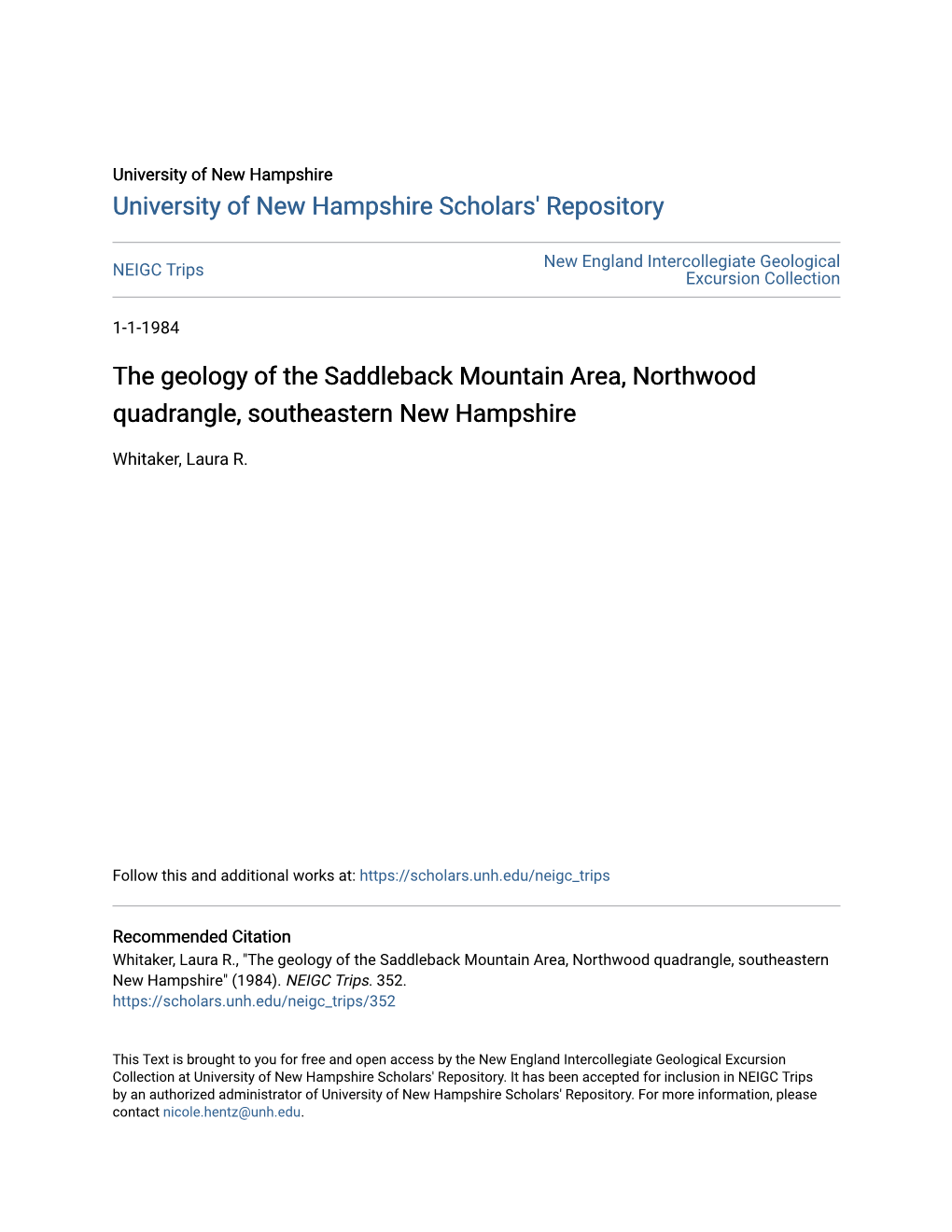 The Geology of the Saddleback Mountain Area, Northwood Quadrangle, Southeastern New Hampshire