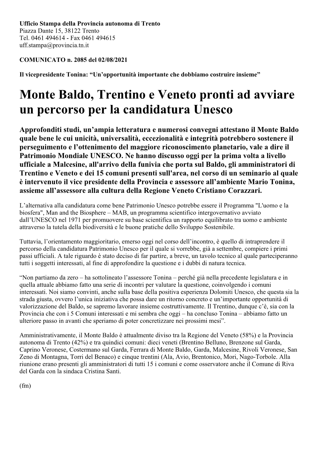 Monte Baldo, Trentino E Veneto Pronti Ad Avviare Un Percorso Per La Candidatura Unesco
