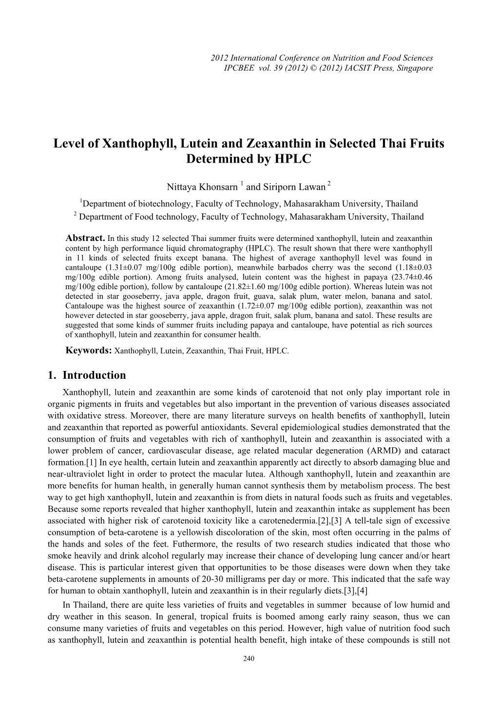 Level of Xanthophyll, Lutein and Zeaxanthin in Selected Thai Fruits Determined by HPLC