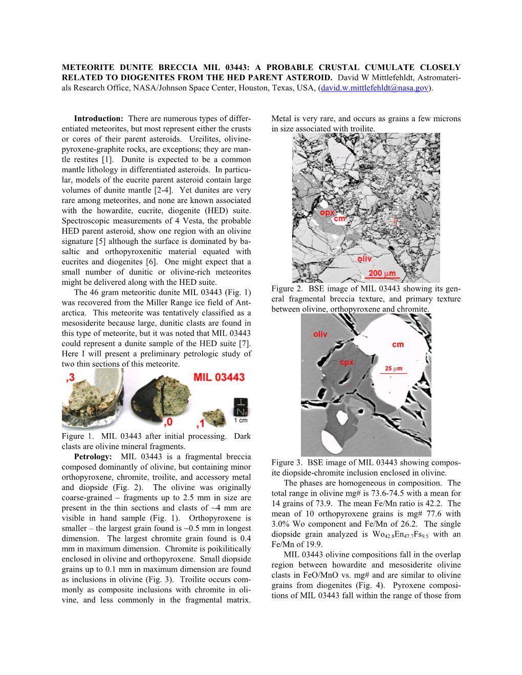 Meteorite Dunite Breccia Mil 03443: a Probable Crustal Cumulate Closely Related to Diogenites from the Hed Parent Asteroid