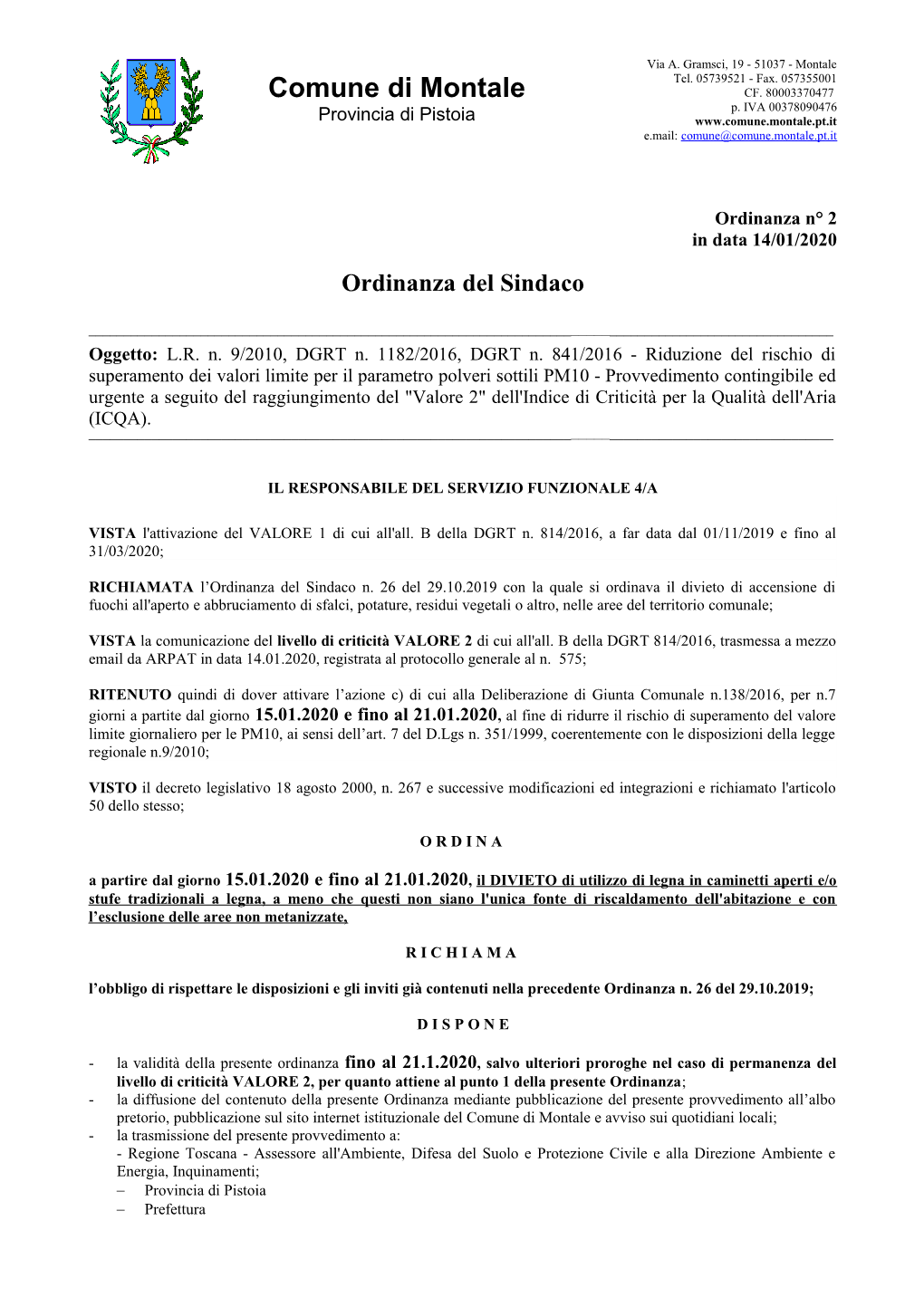 Ordinanza Del Sindaco N. 2 Del 14.1.2020