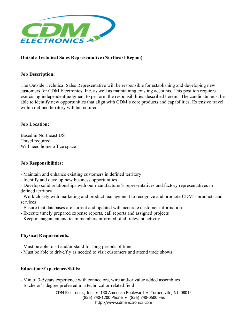 Outside Technical Sales Representative (Northeast Region)