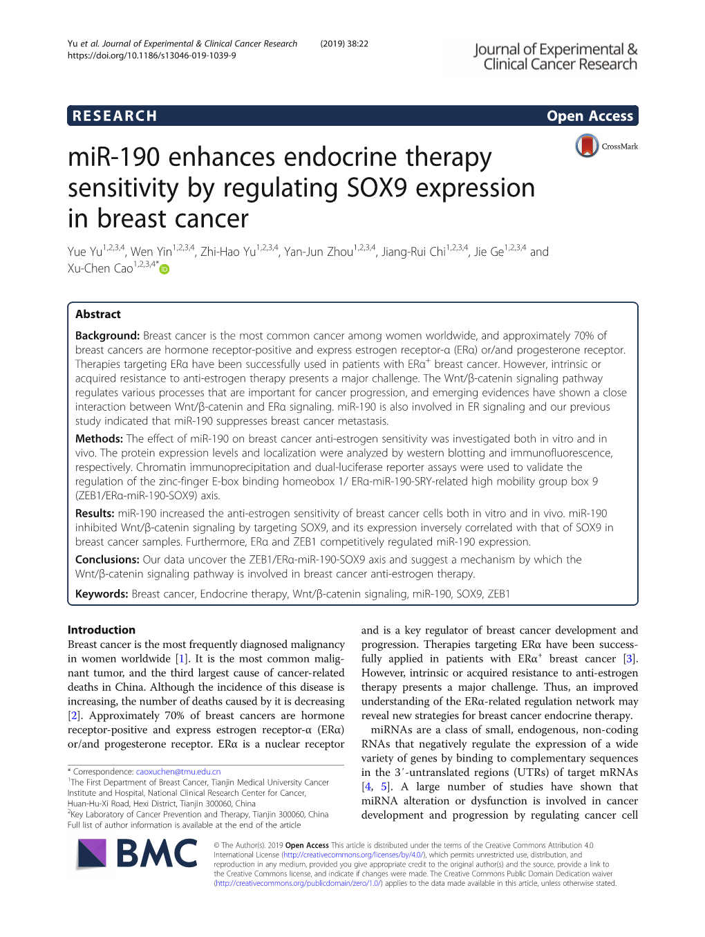 Mir-190 Enhances Endocrine Therapy Sensitivity by Regulating SOX9