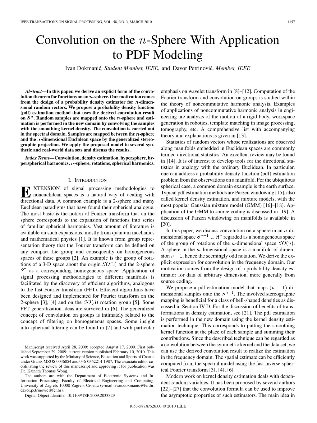 Convolution on the N-Sphere with Application to PDF Modeling Ivan Dokmanic´, Student Member, IEEE, and Davor Petrinovic´, Member, IEEE