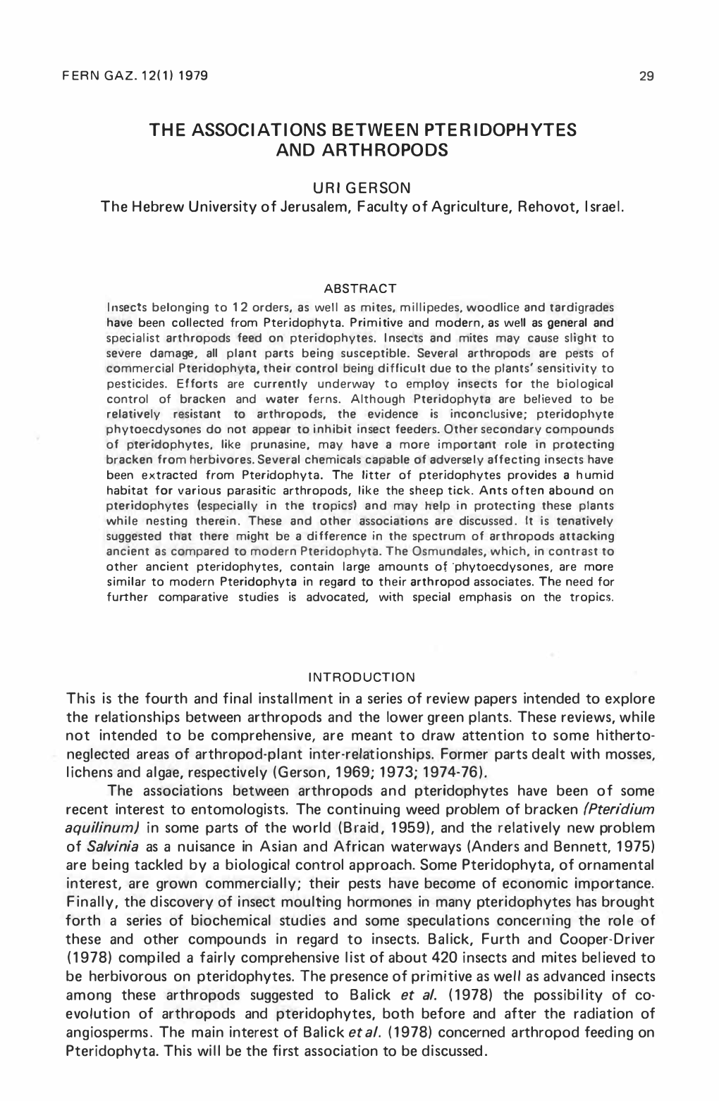 The Associations Between Pteridophytes and Arthropods