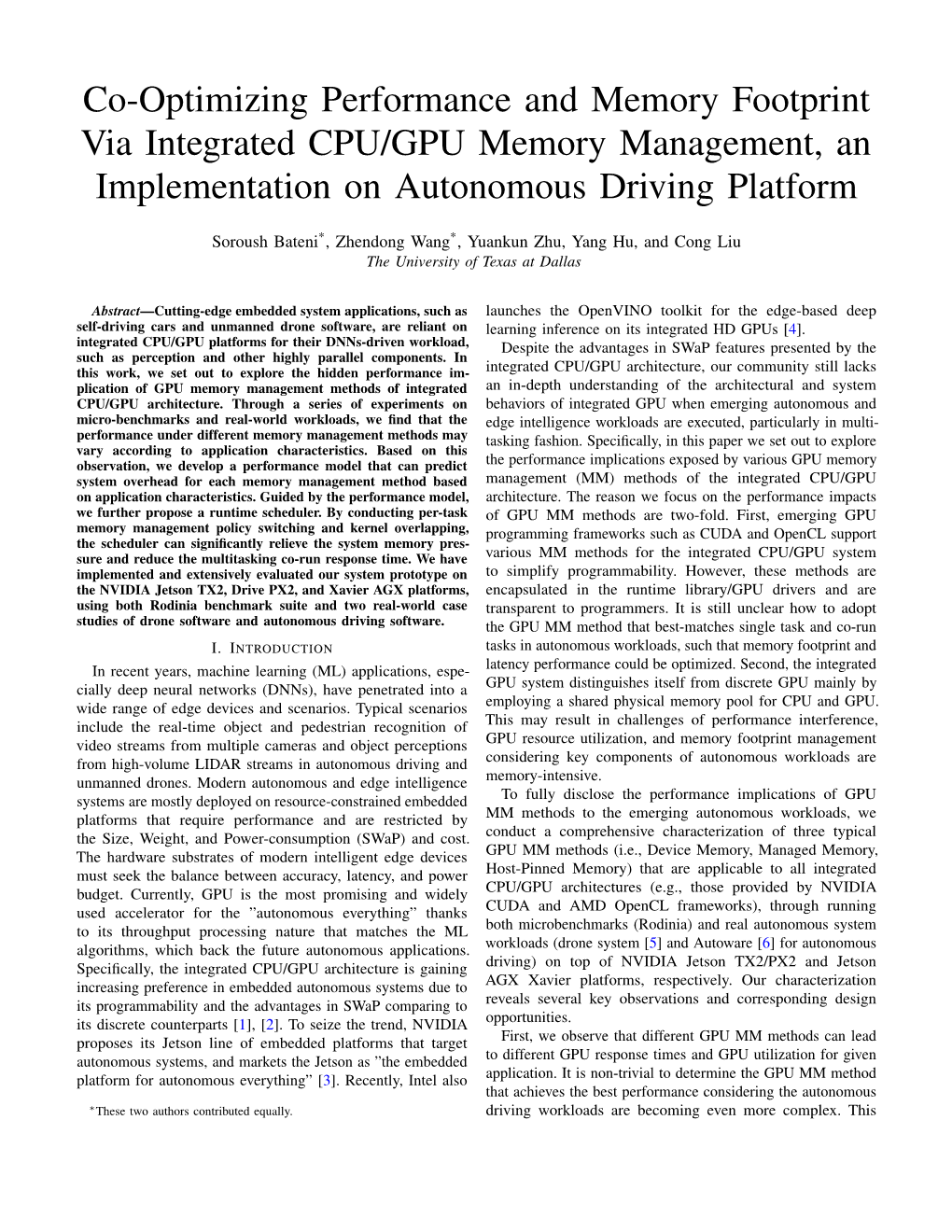 Co-Optimizing Performance and Memory Footprint Via Integrated CPU/GPU Memory Management, an Implementation on Autonomous Driving Platform