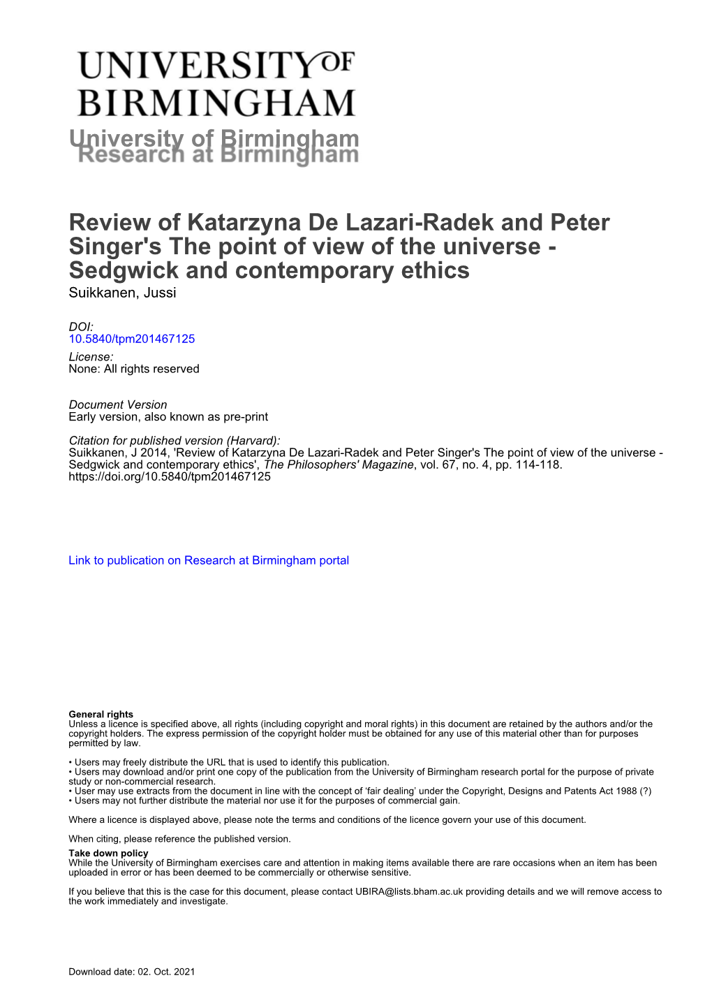 University of Birmingham Review of Katarzyna De Lazari-Radek And