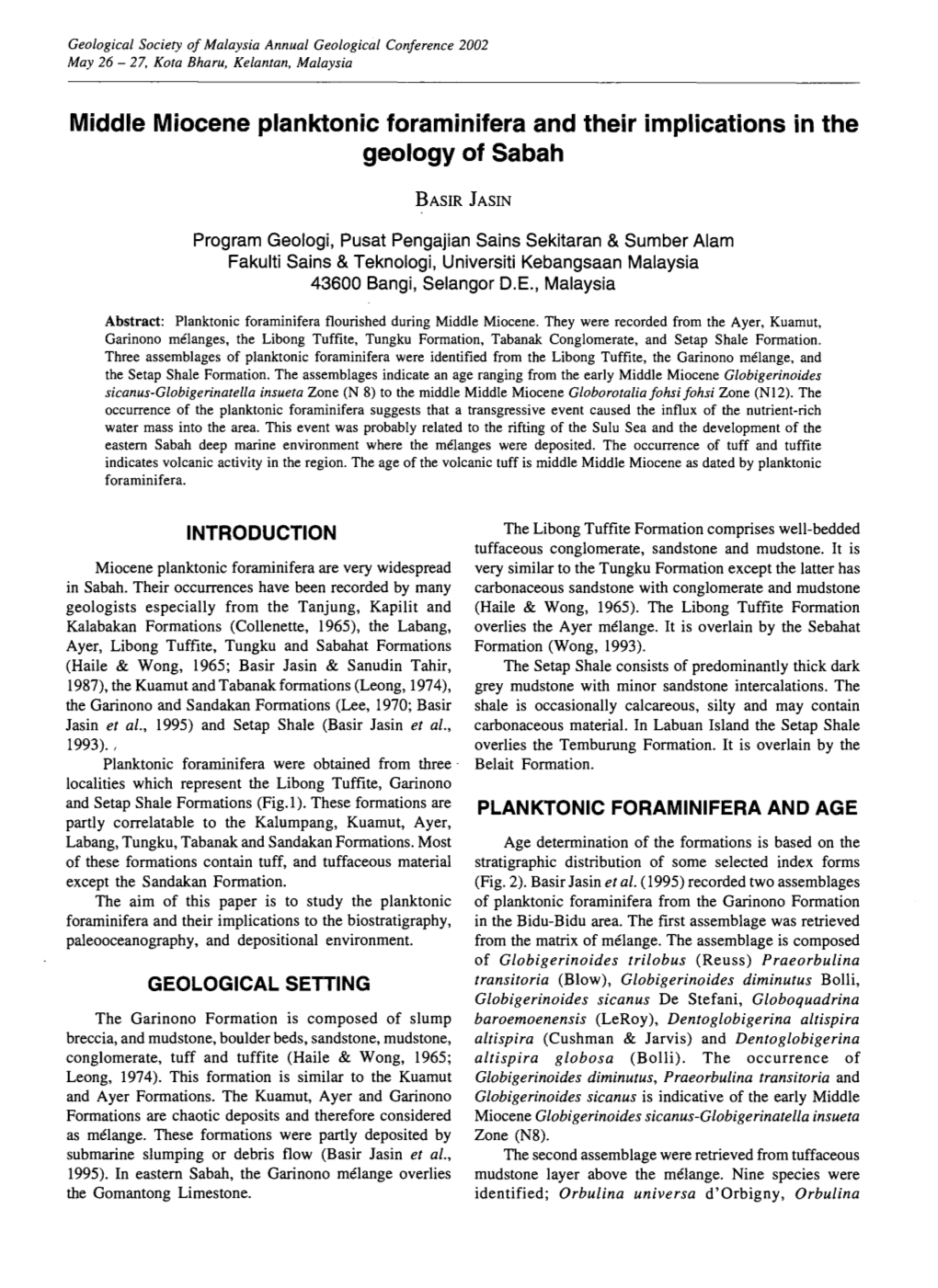 Middle Miocene Planktonic Foraminifera and Their Implications in the Geology of Sabah