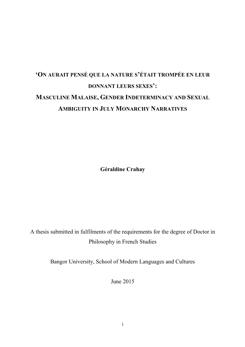 Géraldine Crahay a Thesis Submitted in Fulfilments of the Requirements For