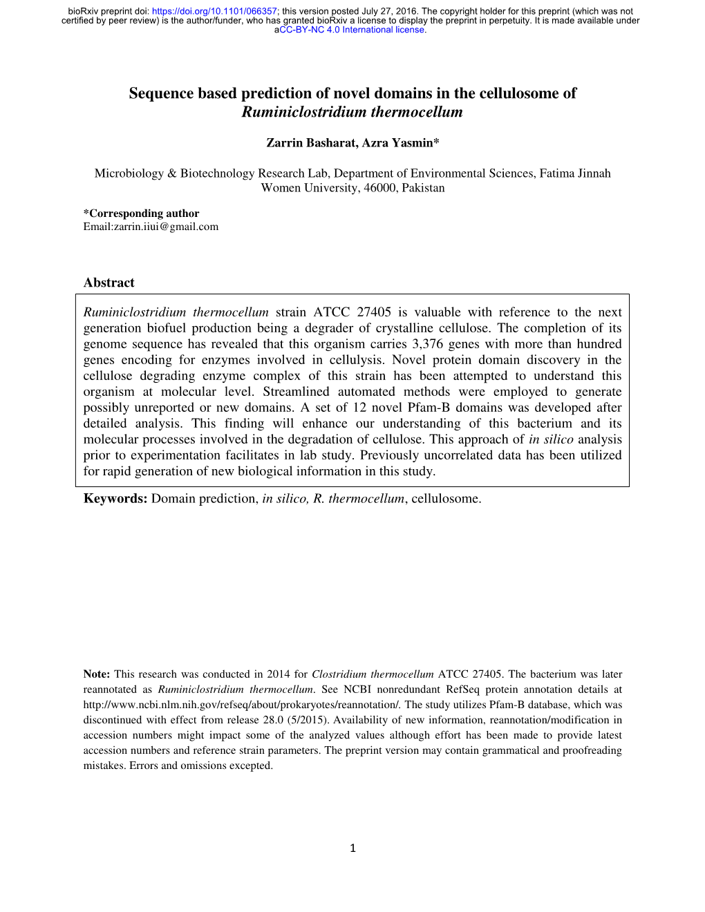 Sequence Based Prediction of Novel Domains in the Cellulosome of Ruminiclostridium Thermocellum