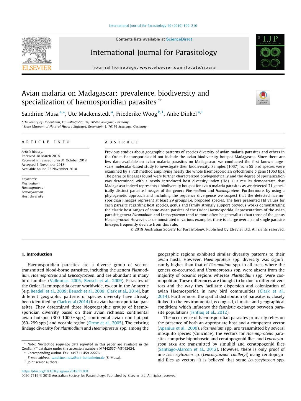 Avian Malaria on Madagascar: Prevalence, Biodiversity and Specialization of Haemosporidian Parasites