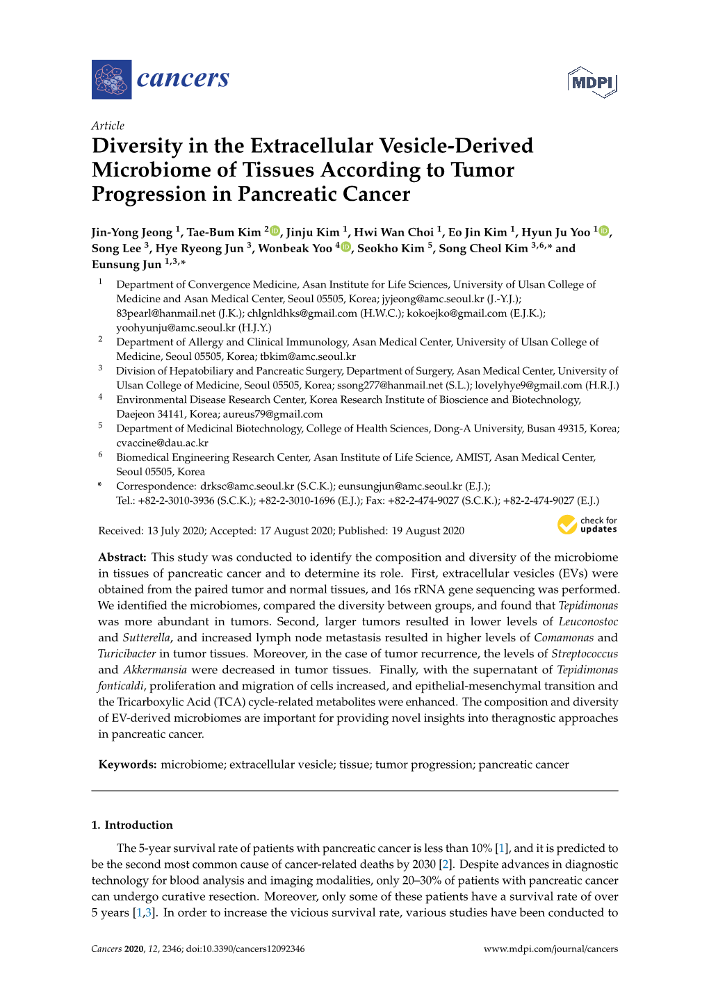 Diversity in the Extracellular Vesicle-Derived Microbiome of Tissues According to Tumor Progression in Pancreatic Cancer