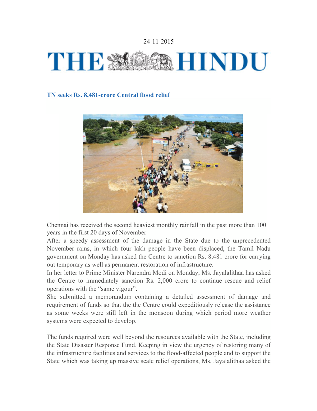 24-11-2015 TN Seeks Rs. 8,481-Crore Central Flood Relief Chennai Has