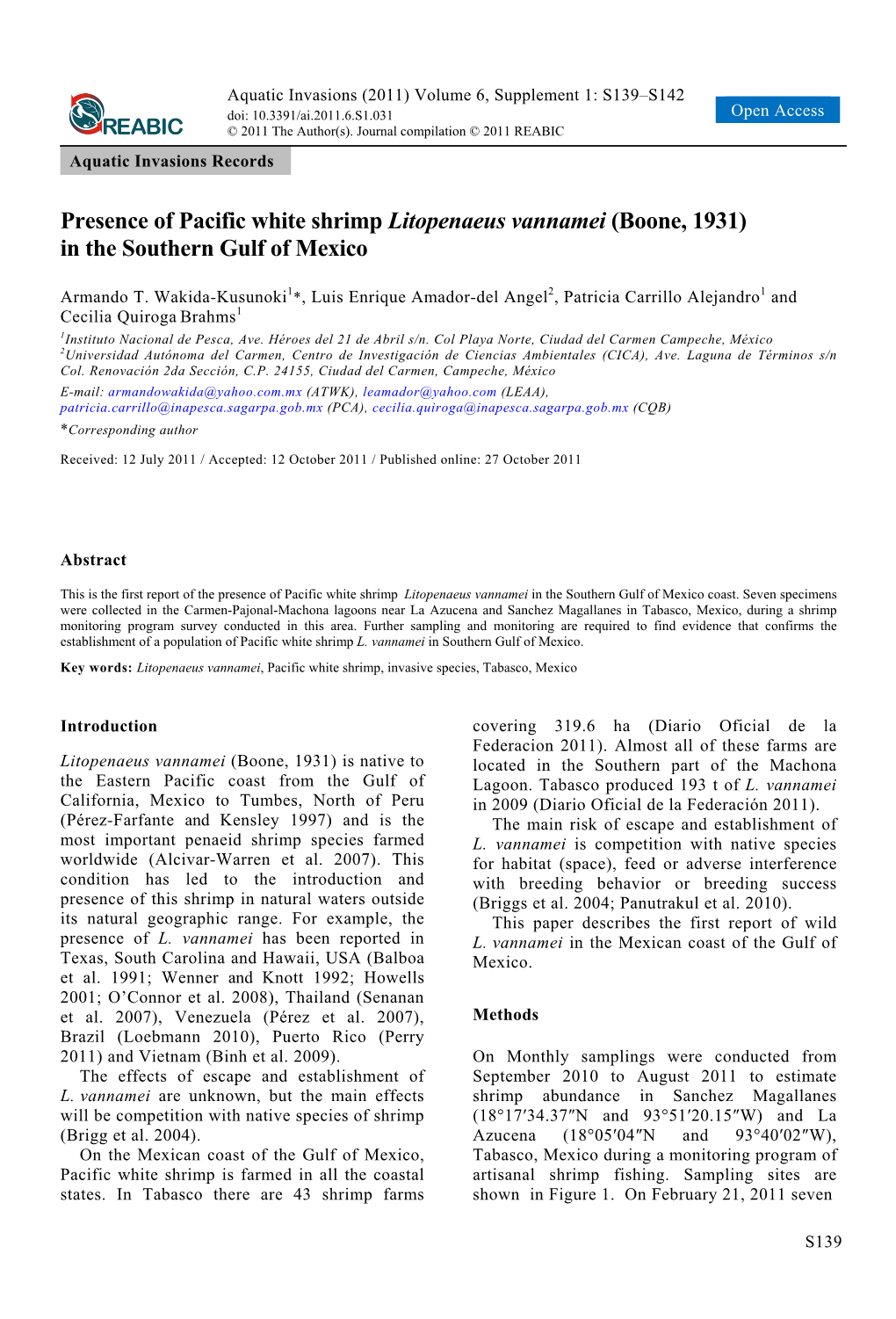 Presence of Pacific White Shrimp Litopenaeus Vannamei (Boone, 1931) in the Southern Gulf of Mexico