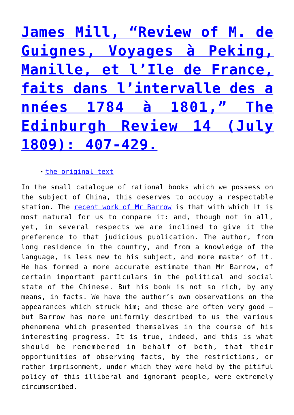 James Mill, “Review of M. De Guignes, Voyages À Peking