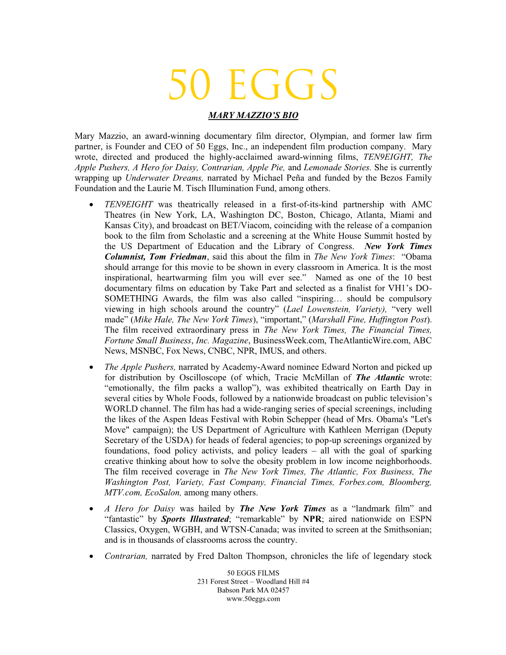 50 Eggs, Inc., an Independent Film Production Company