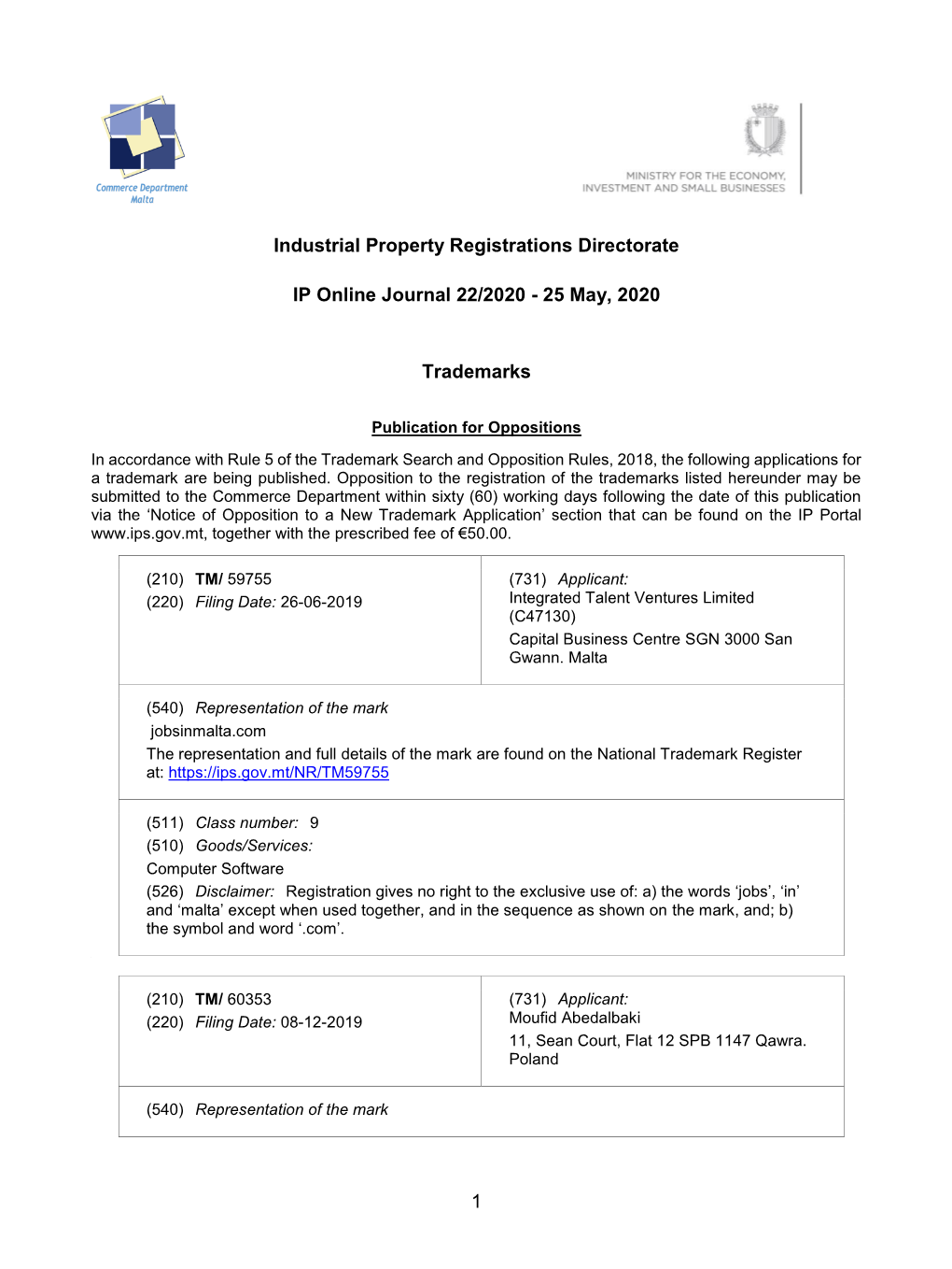 1 Industrial Property Registrations Directorate IP Online Journal 22/2020