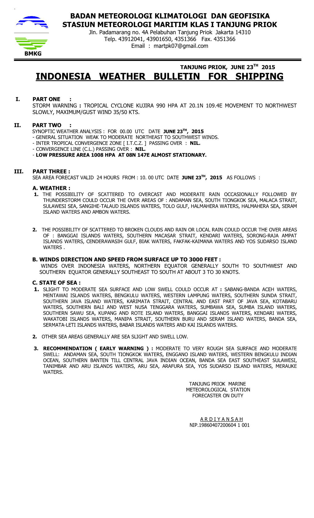 Indonesia Weather Bulletin for Shipping