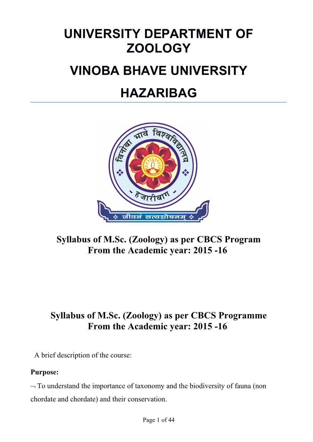 Syllabus of M.Sc. (Zoology) As Per CBCS Program