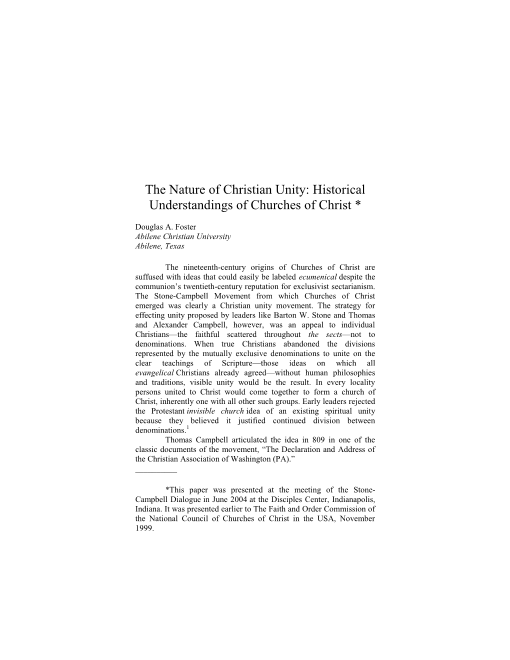 The Nature of Christian Unity: Historical Understandings of Churches of Christ *