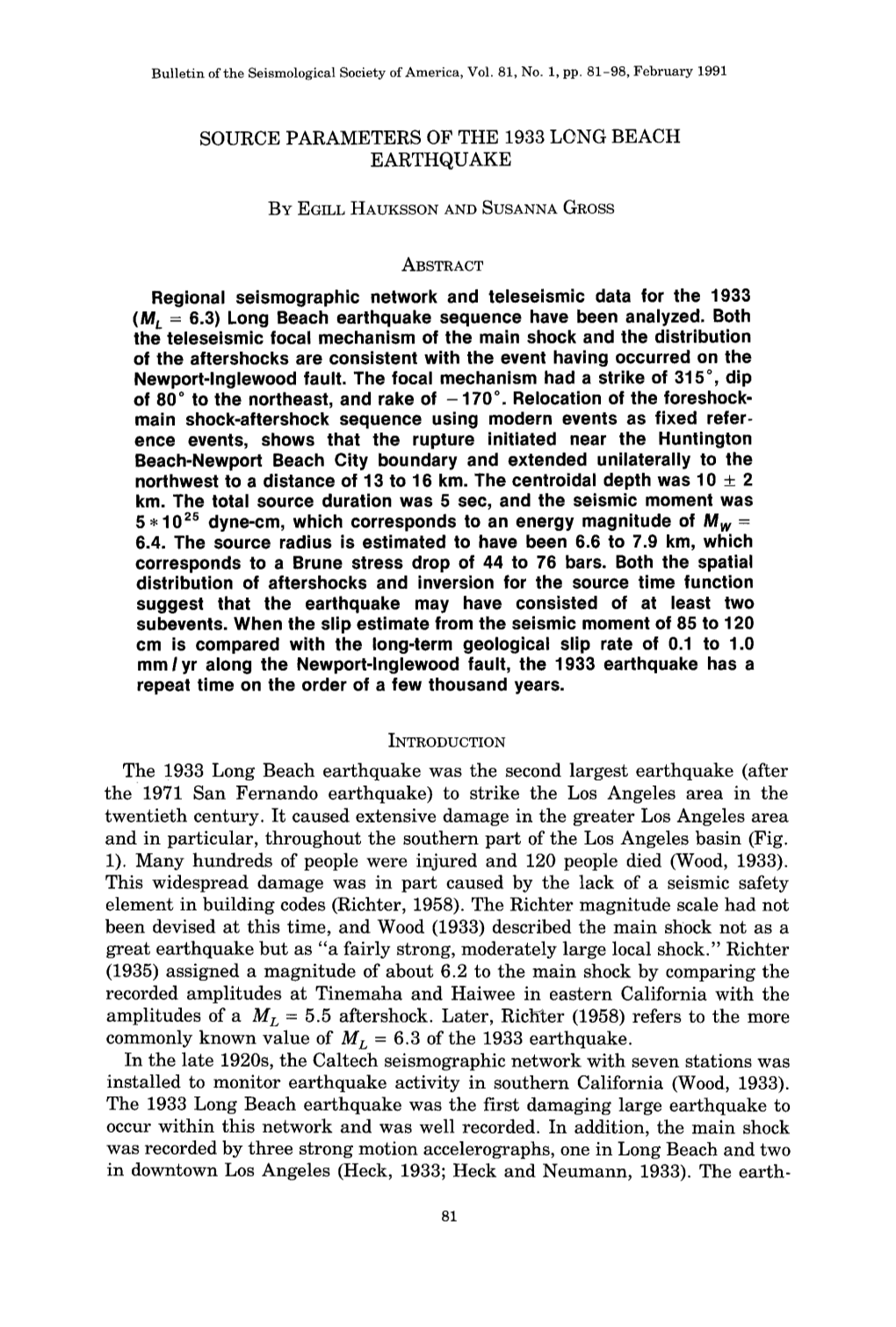 Source Parameters of the 1933 Long Beach Earthquake