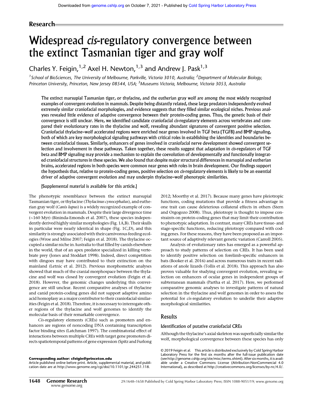 Widespread Cis-Regulatory Convergence Between the Extinct Tasmanian Tiger and Gray Wolf