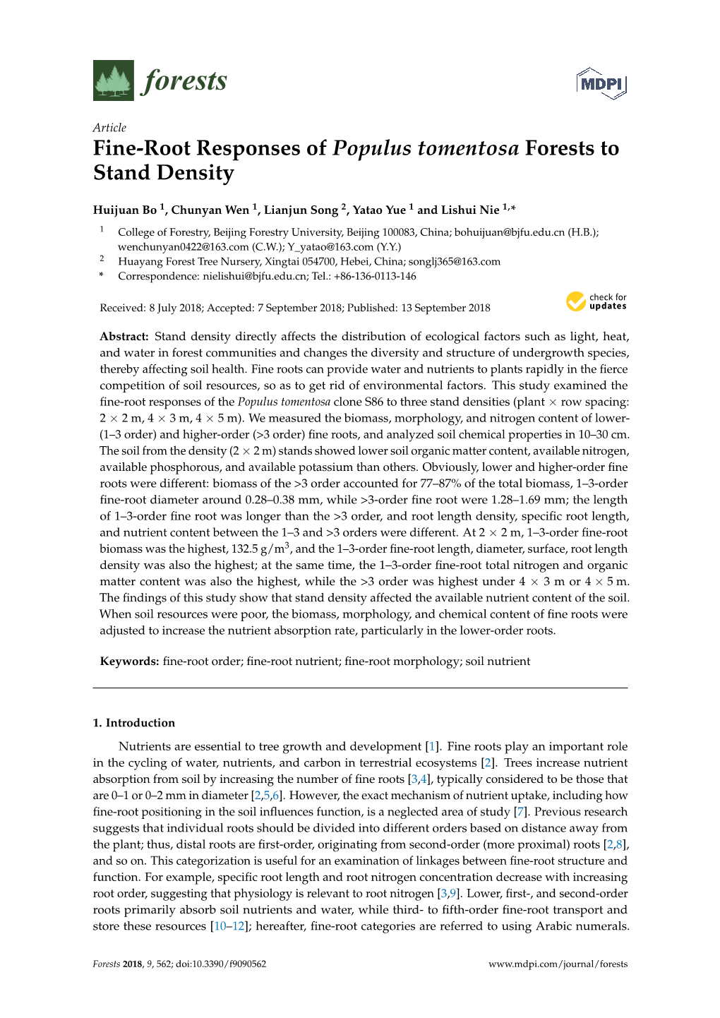 Fine-Root Responses of Populus Tomentosa Forests to Stand Density