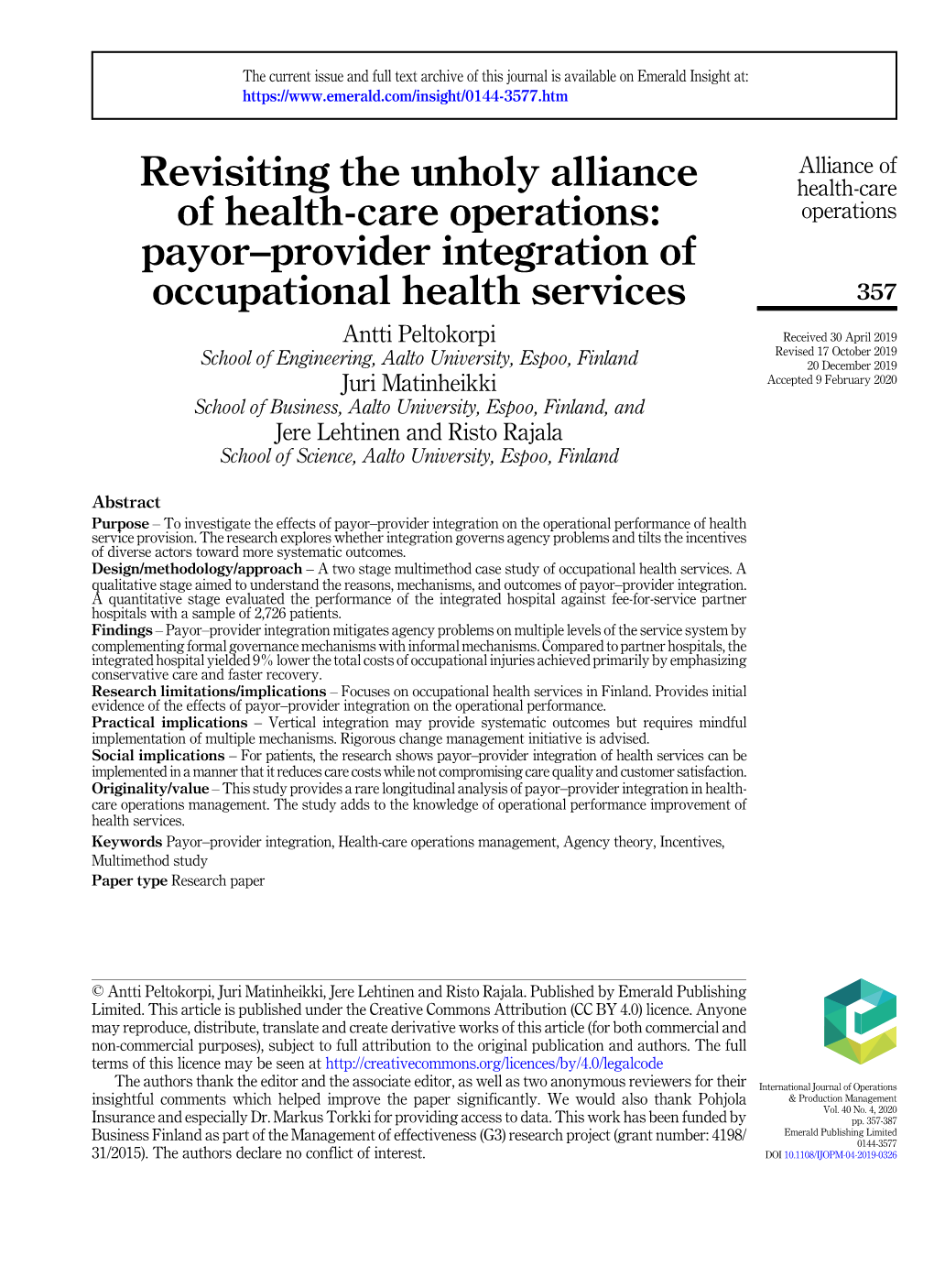 Payor–Provider Integration of Occupational Health Services 357
