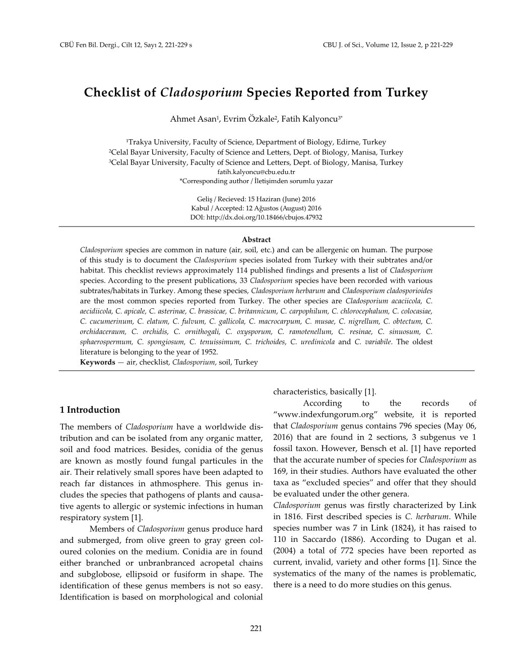 Checklist of Cladosporium Species Reported from Turkey