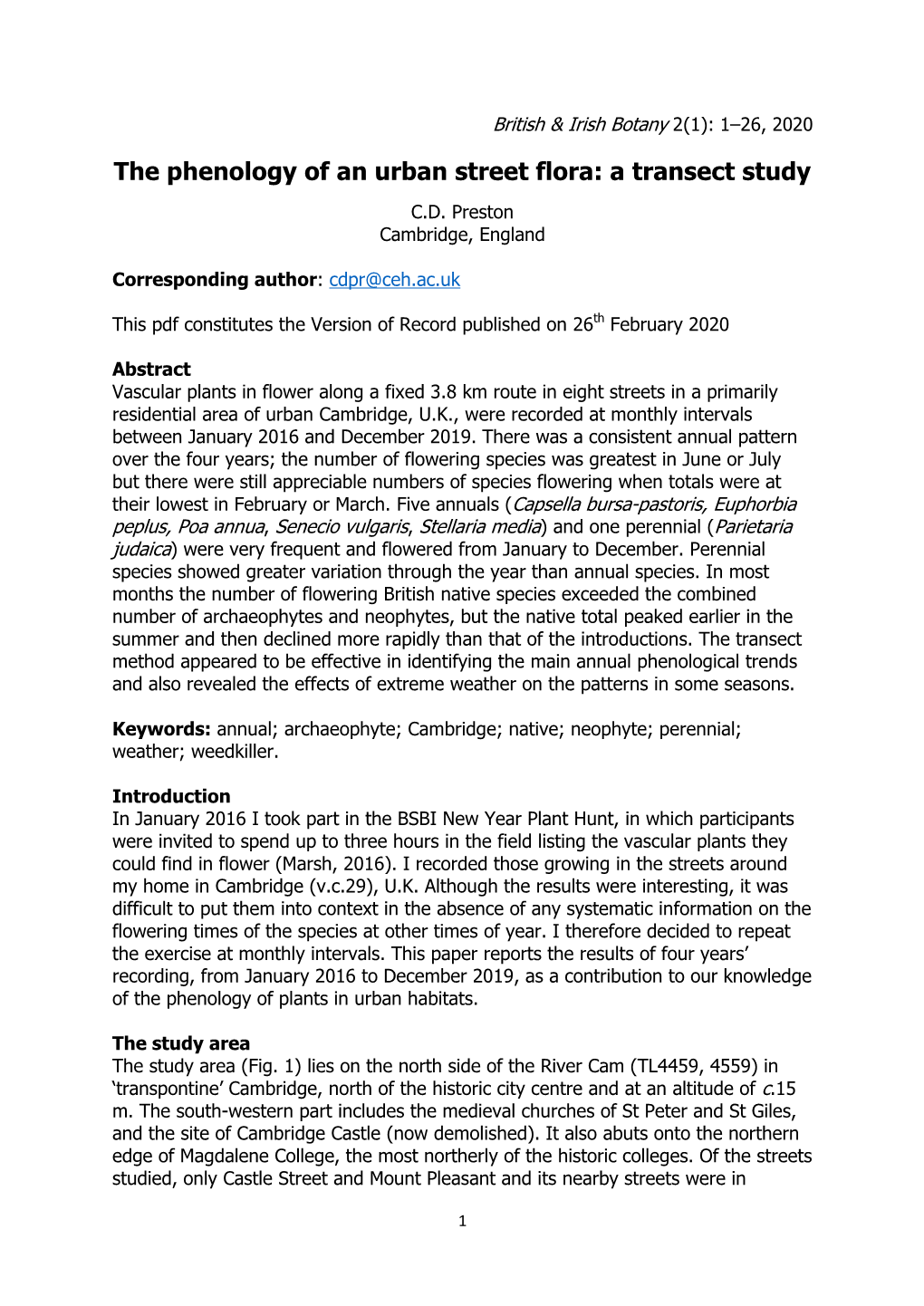 The Phenology of an Urban Street Flora: a Transect Study C.D