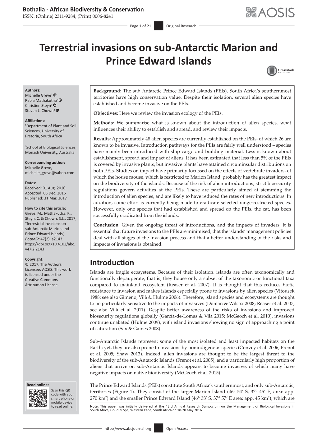 Terrestrial Invasions on Sub-Antarctic Marion and Prince Edward Islands