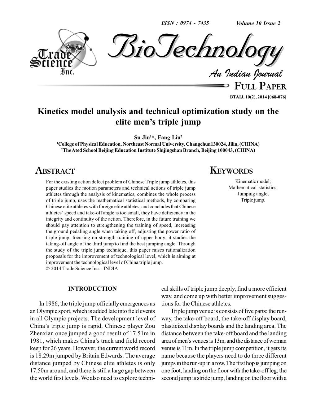 Kinetics Model Analysis and Technical Optimization Study on the Elite Men S Triple Jump BTAIJ, 10(2) 2014 FULL PAPER