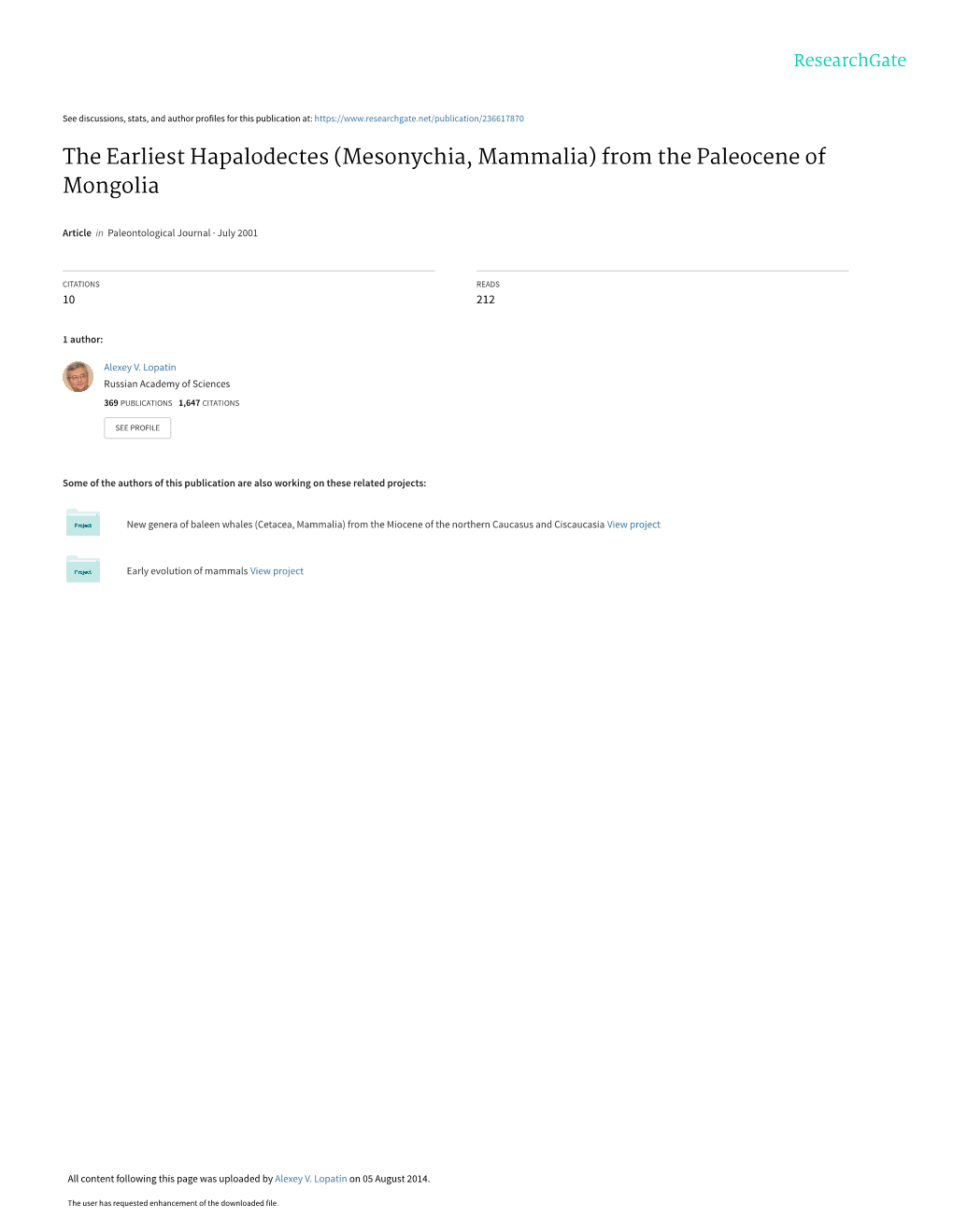 The Earliest Hapalodectes (Mesonychia, Mammalia) from the Paleocene of Mongolia