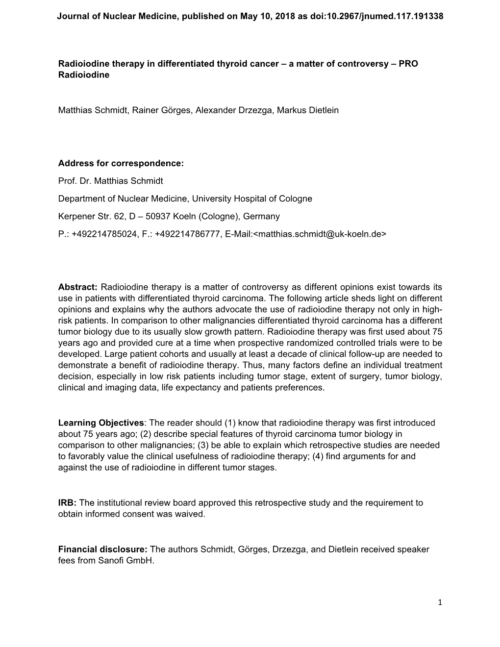 Radioiodine Therapy in Differentiated Thyroid Cancer – a Matter of Controversy – PRO Radioiodine