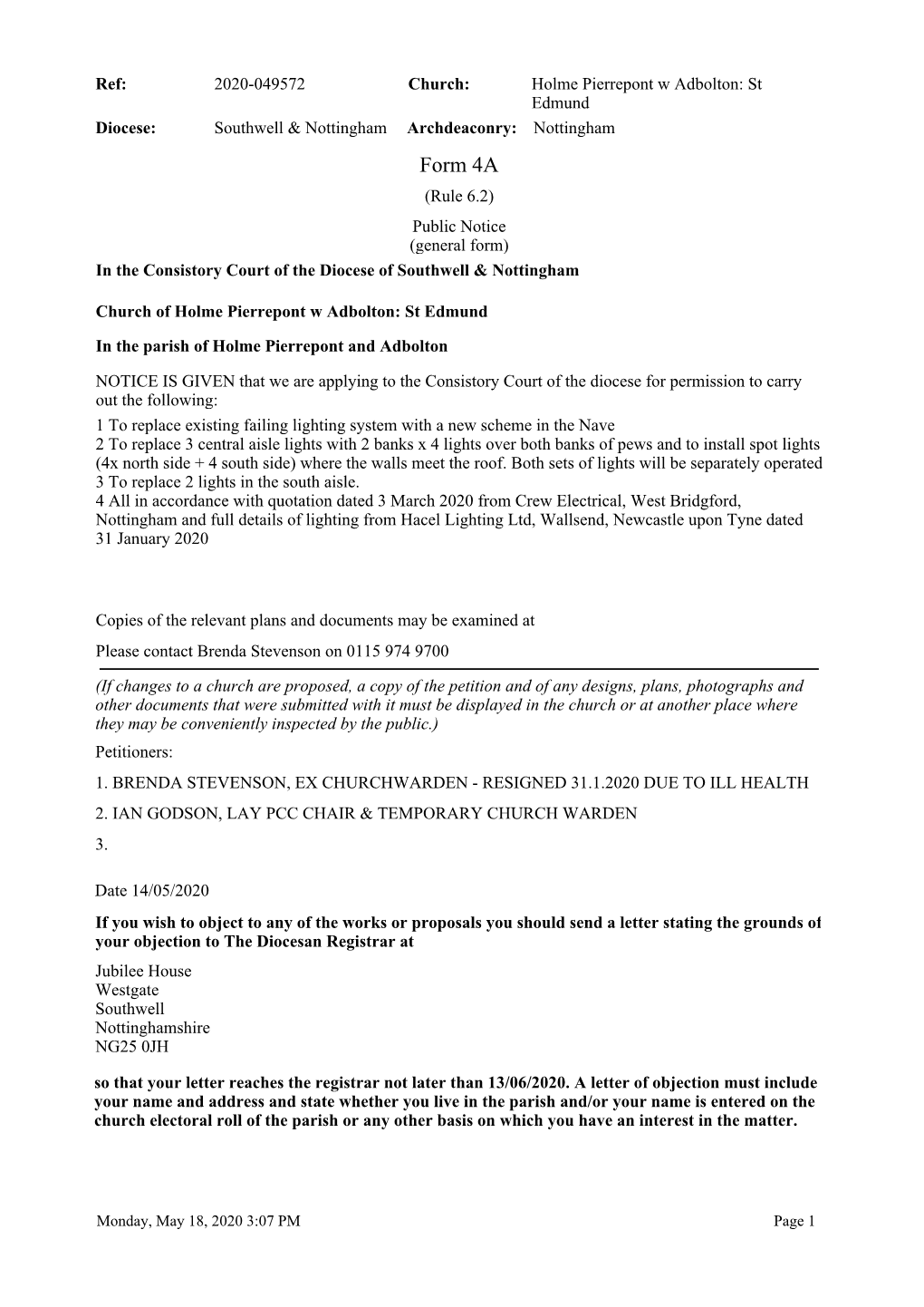 Form 4A (Rule 6.2) Public Notice (General Form) in the Consistory Court of the Diocese of Southwell & Nottingham