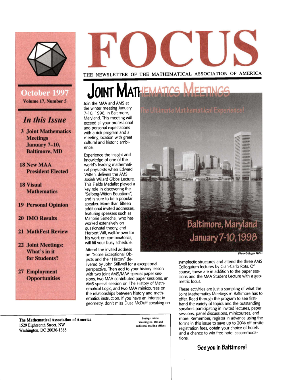 JOINTMA Volume 17, Number 5 Join the MAA and AMS at the Winter Meeting January 7-10, 1998, in Baltimore, Maryland