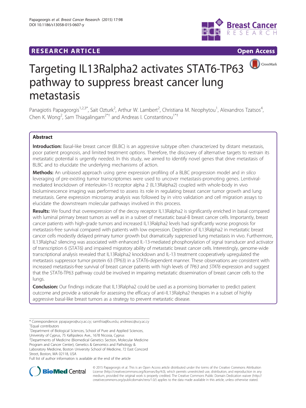 Targeting Il13ralpha2 Activates STAT6-TP63 Pathway to Suppress Breast Cancer Lung Metastasis Panagiotis Papageorgis1,2,3*, Sait Ozturk2, Arthur W