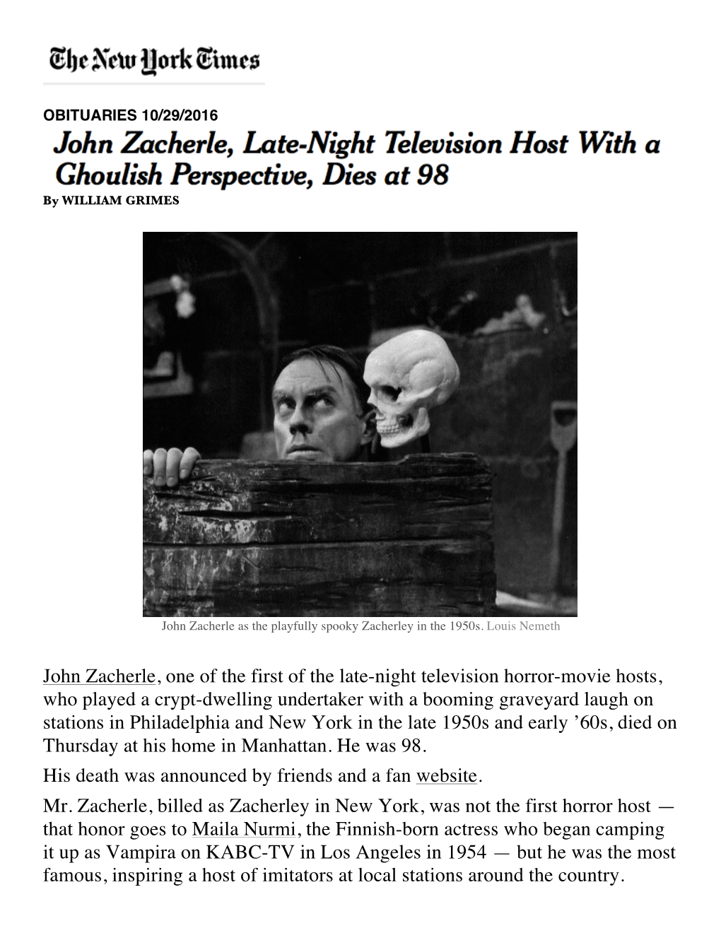 John Zacherle, One of the First of the Late-Night Television Horror-Movie