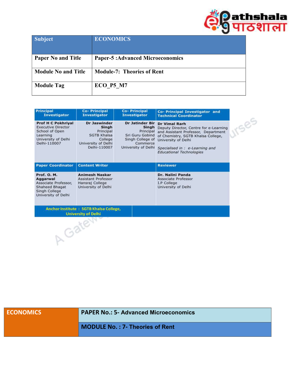 ECONOMICS MODULE No. : 7- Theories of Rent