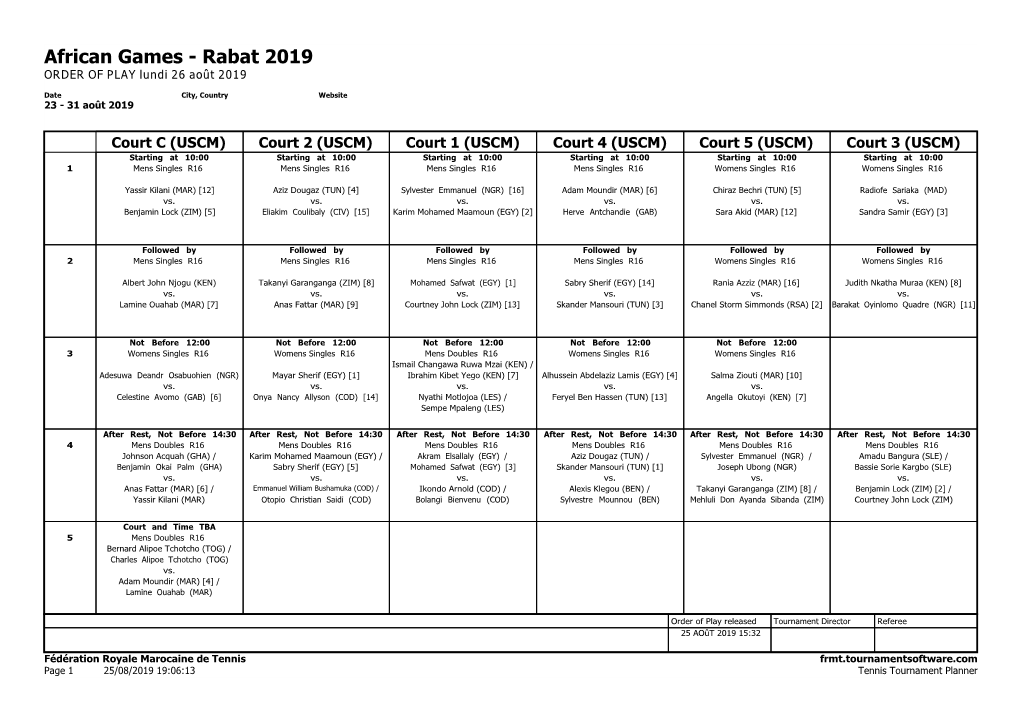 Rabat 2019 ORDER of PLAY Lundi 26 Août 2019