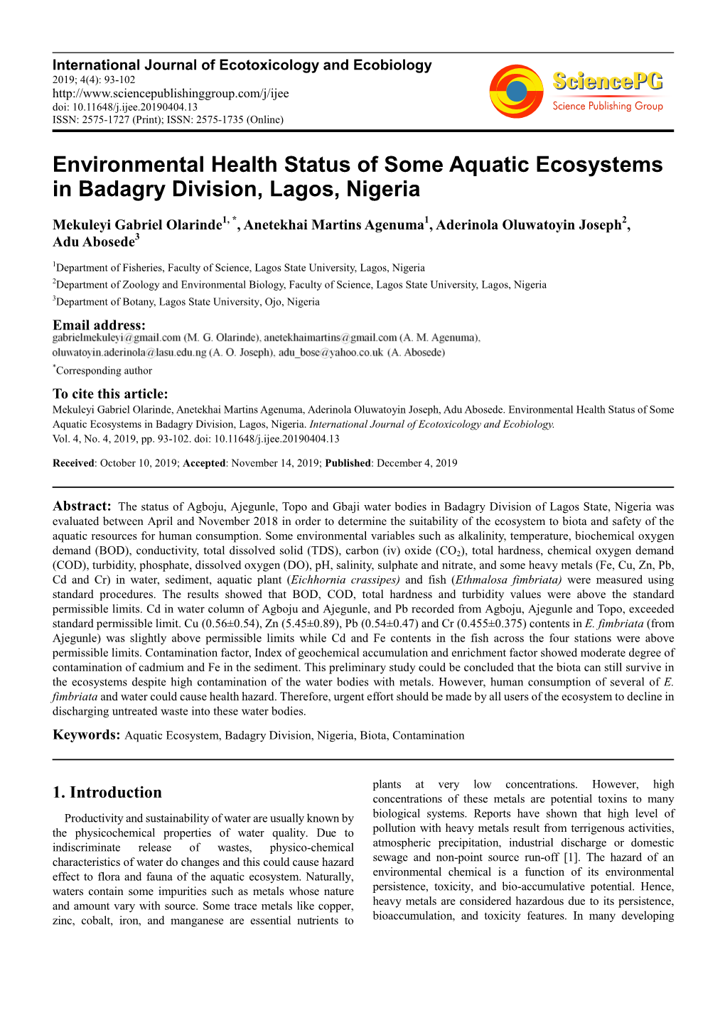 Environmental Health Status of Some Aquatic Ecosystems in Badagry Division, Lagos, Nigeria